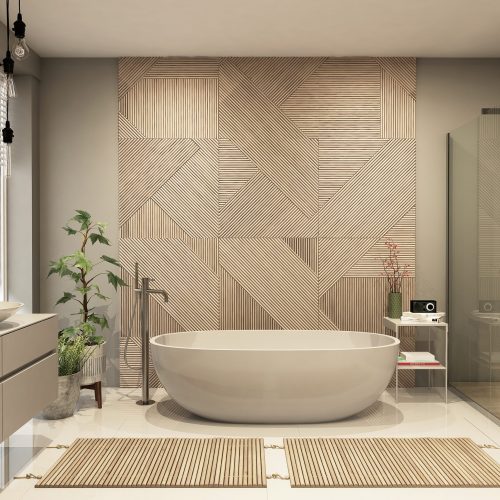 Modern,Bathroom,Interior,With,Wooden,Decor,In,Eco,Style.,3d